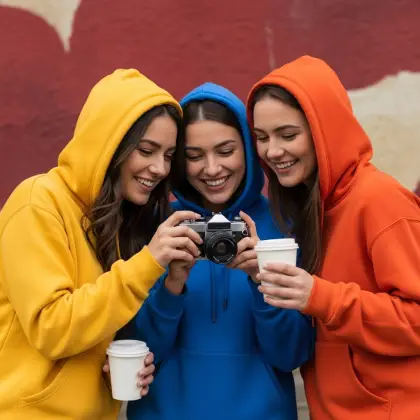 Three girls wearing yellow hoodies pose with a camera, representing women's cultural impact through art and media.